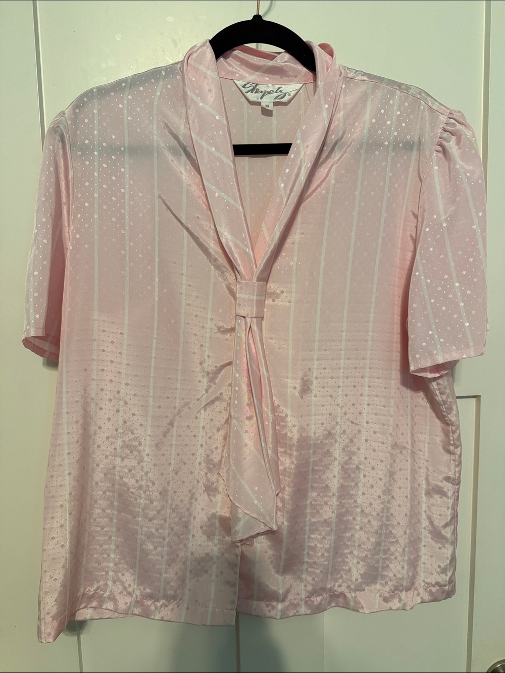 Vintage 80s Satin Secretary Blouse Tie-Neck Pink Blouse with Subtle Dot Stripe